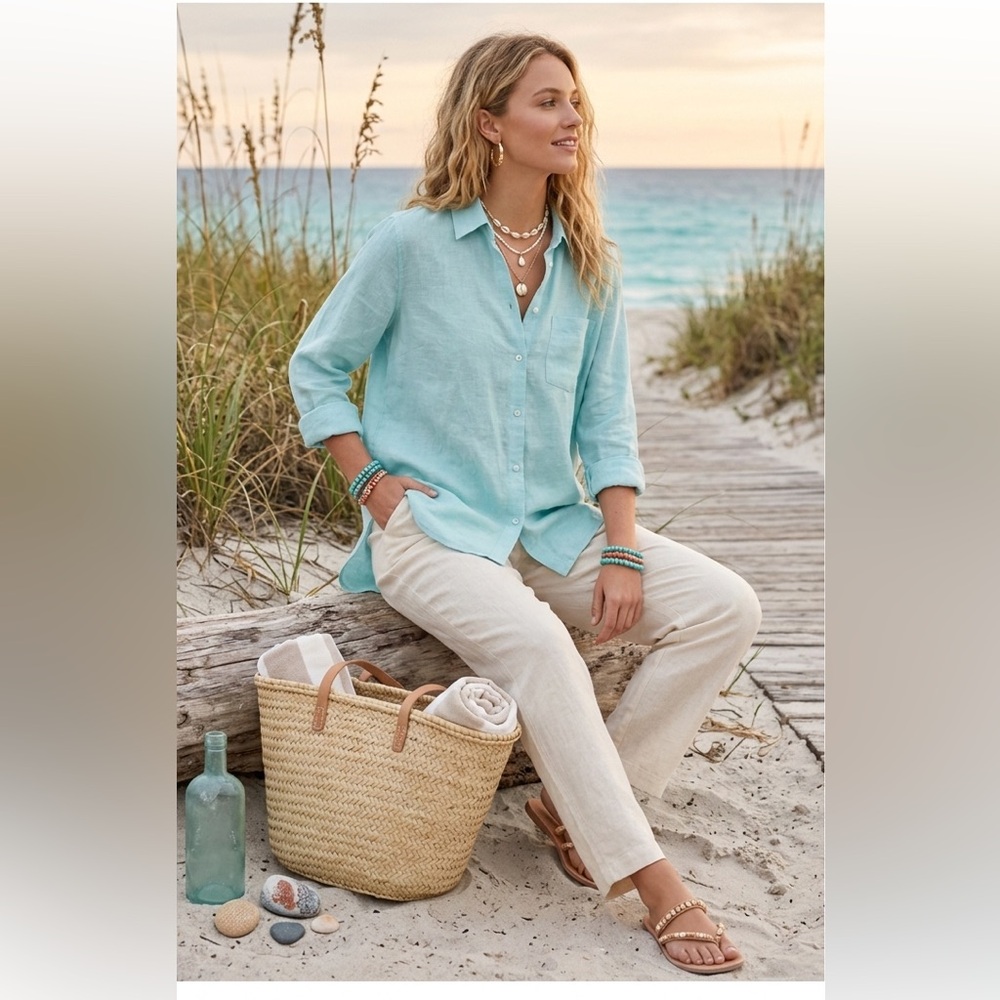 Monday Swimwear | Monaco 100% Linen Button Down Shirt Sea Glass Coastal‎ Size S
